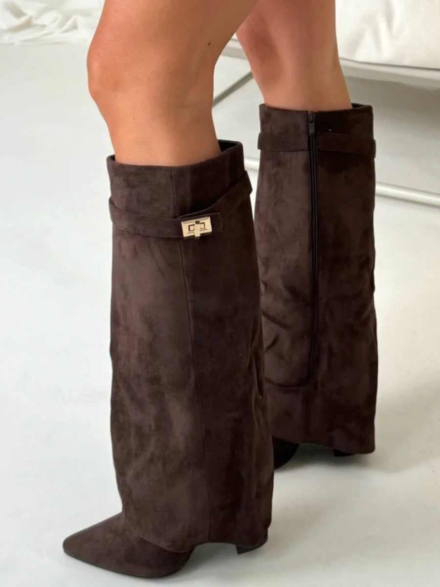 Ladies Suede Boots with Gold Fastening