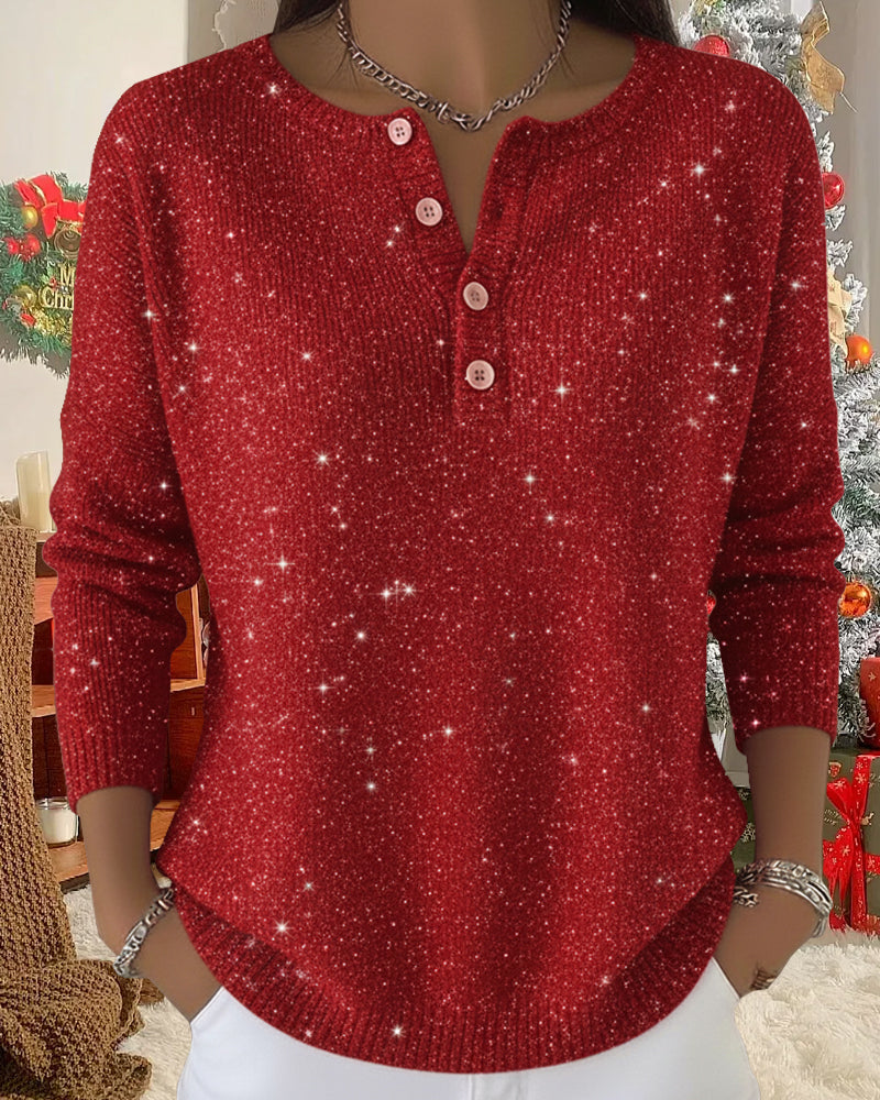 Buttoned Knit Sweater – Long Sleeve Round Neck