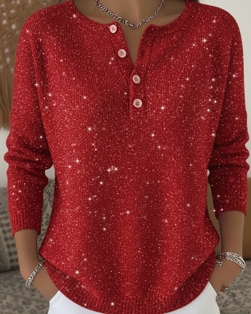 Buttoned Knit Sweater – Long Sleeve Round Neck