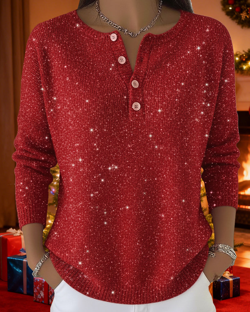 Buttoned Knit Sweater – Long Sleeve Round Neck
