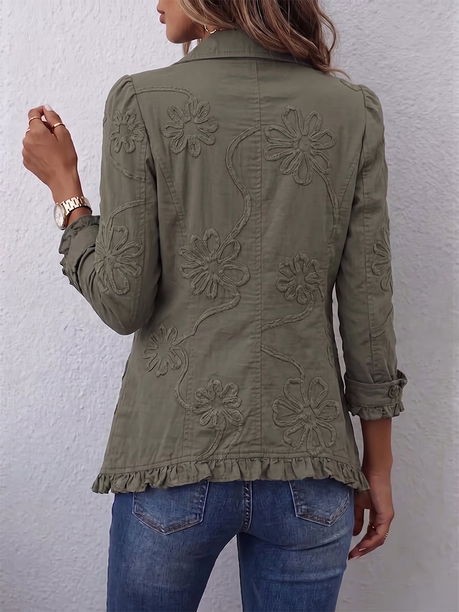 Alessandra | Retro Green Floral Embroidered Bohemian-Chic Jacket with Ruffles