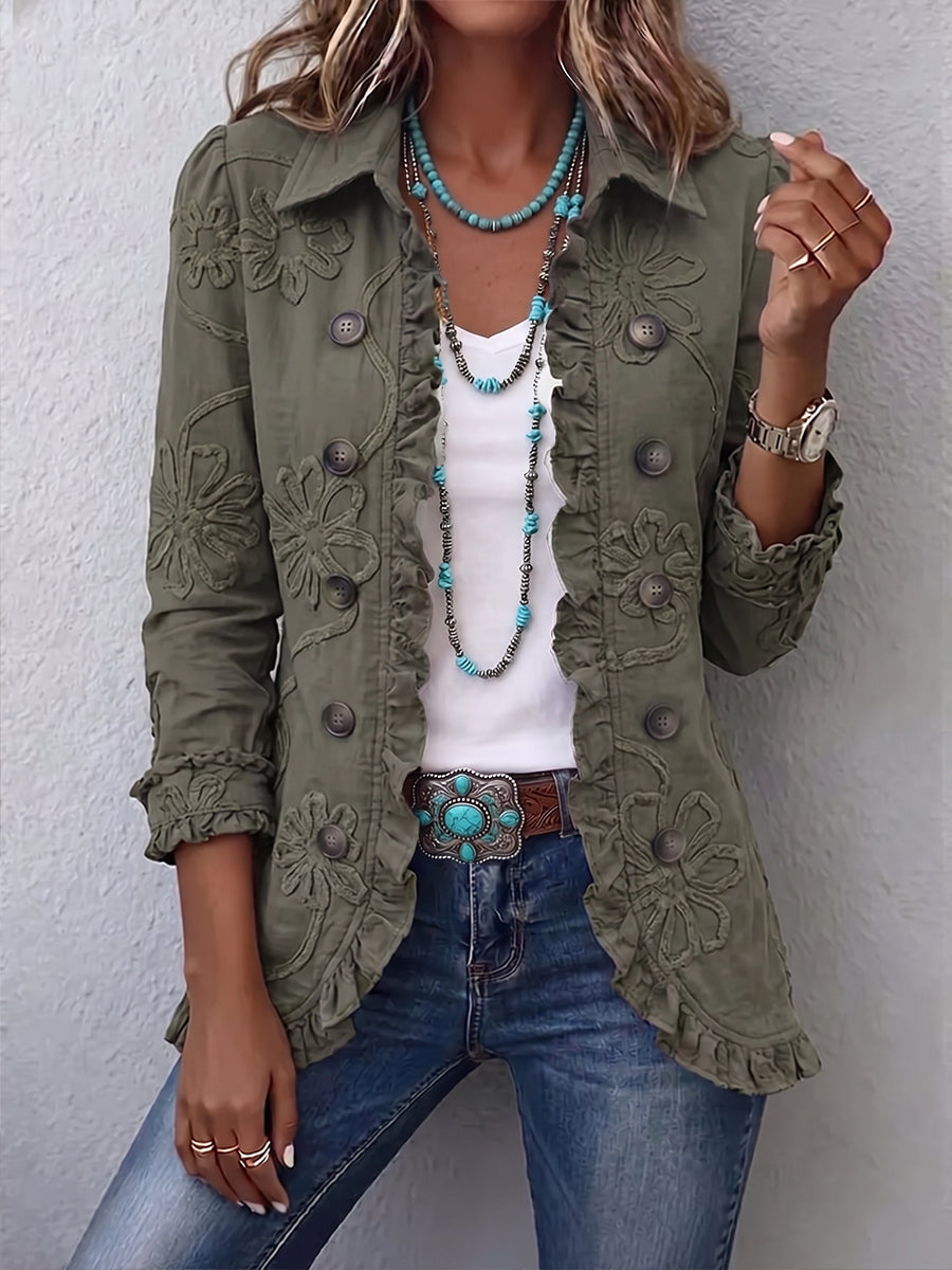 Alessandra | Retro Green Floral Embroidered Bohemian-Chic Jacket with Ruffles