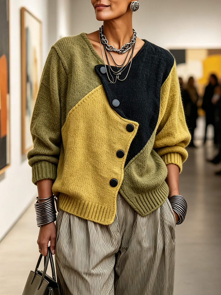 Asymmetrical Knit Jumper with Artistic Colour Blocks