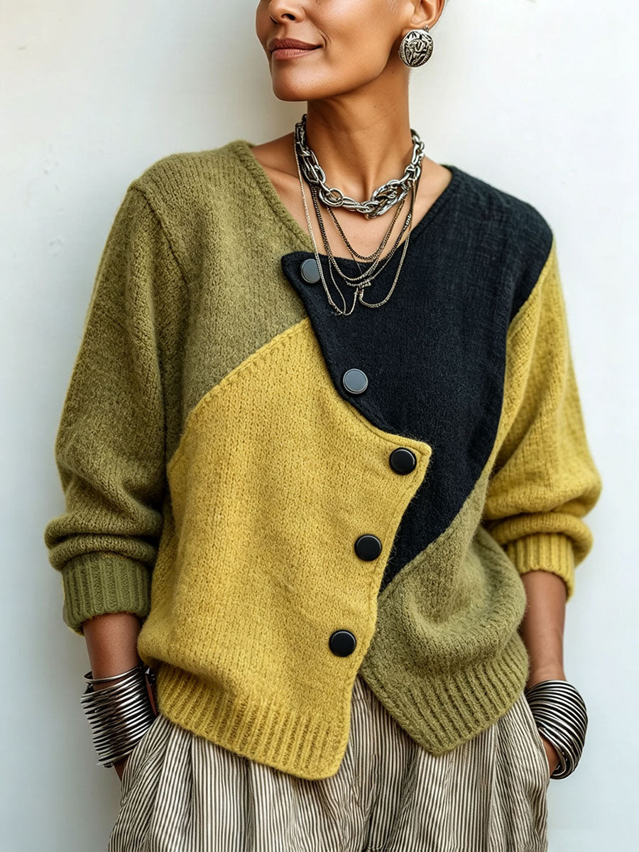 Asymmetrical Knit Jumper with Artistic Colour Blocks